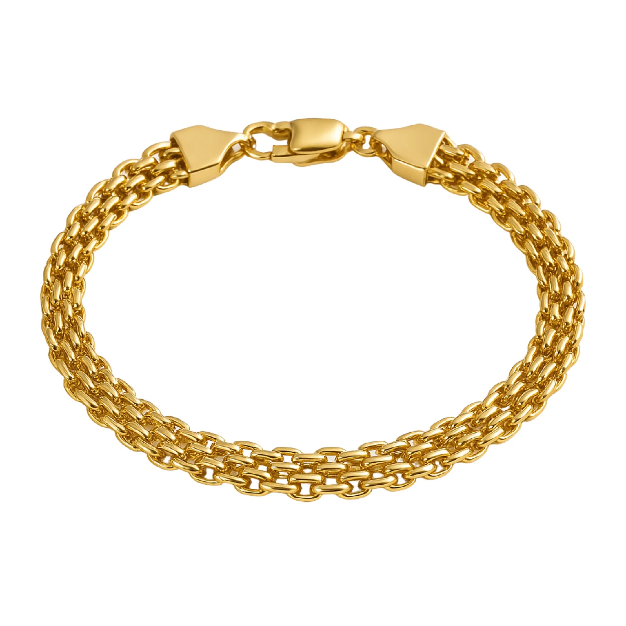 Pulseira masculina dourada com design sofisticado, composta por elos trançados que garantem um estilo refinado e moderno. Acessório versátil que combina com diferentes ocasiões, agregando elegância e atitude ao visual masculino. Feita com materiais duráveis e de alta qualidade, essa pulseira dourada é a escolha ideal para quem deseja adicionar um toque de luxo discreto ao seu look.
